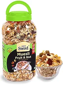 Swad Breakfast Cereal, Muesli Fruit & Nut with Oats, Almonds, Raisins, Honey, Fruits (Multigrain High Fibre, High Protein, Zero Cholesterol Muesli) Jar, 670 g