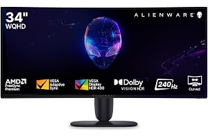 Alienware AW3426DWM 34" WQHD Curved Monitor|AMD FreeSync™ Premium VESA® AdaptiveSync|HDMI*2,DP 1.4,USB-C|240Hz,3000:1 Contrast,400 cd/m2|95% DCI-P3, 1ms GTG Extreme|Height Tilt Pivot|AW Command Centre