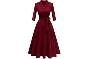 Meetjen Women's V-Neck Formal Dresses 3/4 Sleeve Modest Church Dress Fit and Flare Cocktail Dress for Wedding Guest