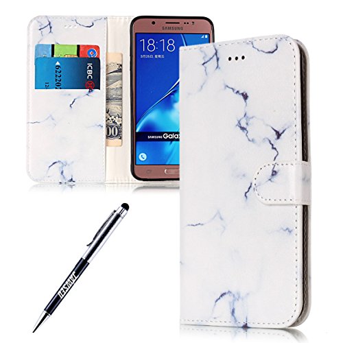 Case Samsung Galaxy J7 2016, Cover Samsung Galaxy J7 2016, JAWSEU Samsung Galaxy J7(2016) J710F Phone Case Luxury Marble Design Premium PU Leather Flip Cover for Samsung Galaxy SM-J710F Protector Bumper Skin with Soft Silicone Case Credit ID Card Slots Magnetic Closure Kickstand Strap Smartphone Shell Wallet Pouch Protective Case for Samsung Galaxy J7 2016 + Stylus Pen - White Marble