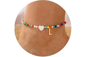 TINGN Fussketten für Frauen 14K Vergoldet Fußkette Gold Schmuck Perlen Boho Verstellbar Fußkettchen Wasserfest Bunte Mädchen Kinder Fußschmuck Buchstaben A-Z mit Herz Anklets for Women