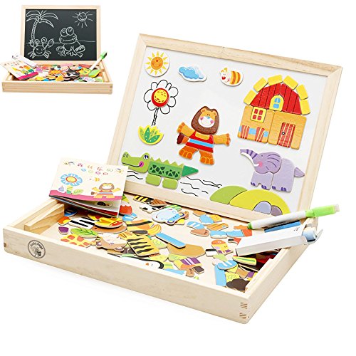 Preisvergleich Produktbild Babyhugs Magnetische Schreibtafel für Kinder, aus Holz, Spielzeug-Tafel, Kreidetafel, Weißwandtafel, doppelseitig, zum Zeichnen, Staffelei – Wald, Zoo-Paradies