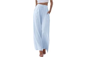 ZhungZaoh Sommerhose Damen Sommer Leinen Leicht Casual Locker Leinenhose Freizeithose Palazzo Hose Weite Leg Hose Stoffhose Hohe Taille mit Tunnelzug und Taschen