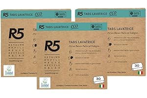 R5, Eco Tabs Lavatrice, 90 Pastiglie per la Lavatrice, con Tensioattivi di Origine Vegetale, Senza Coloranti, Certificate Ecolabel, Made in Italy, 3 x 30 Pods