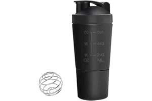 Lotvic Shaker de Acero Inoxidable, Proteína Shaker con Bola Acero Inoxidable, 600+200ML Botella Batidora de Proteínas, Coctelera de Proteína de Acero Inoxidable para Formación Fitness (Negro)