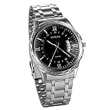 JewelryWe Herren Armbanduhr, Luxus Elegant Analog Quarz Business Casual Silber Edelstahl Armband Uhr mit 24H Schwarz Römischen Ziffern Zifferblatt, Kalender, und Silber Leuchtend Zeiger