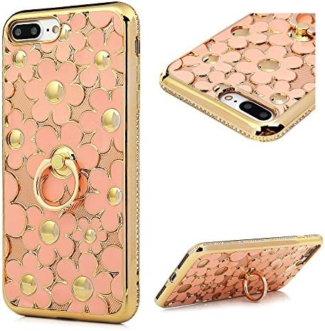 iPhone 7 Plus Case,360°Rotation Ring Stand Holder Finger Grip Ultra Slim TPU Silicone Case Flexible Lightweight Cover Protective Anti-Scratch Shockproof Bumper Anti-Slip Grip Case Cover for Samsung iPhone 7 Plus - Gold Pink