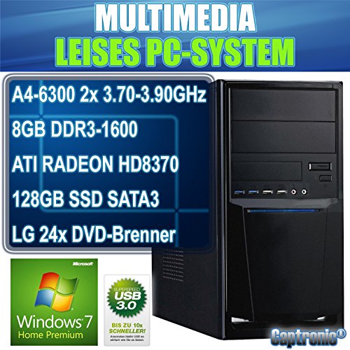 Captronic® (A4-6300-8GB-HD8370D-128GB SSD-Win7HP) Windows 7 Home Premium 64bit | DualCore Silent PC Front USB 3.0 AMD A4-6300 2x 3,70GHz (Turbo bis 3900MHz) | KINGSTON 8GB DDR3-1600 | 24x DVD-Brenner | 128GB SSD SATA3 | ATI Radeon HD 8370 2GB HDMI/DVI/VGA | CardReader | 7.1 Sound | GigabitLAN | Design Gehäuse Schwarz - 2