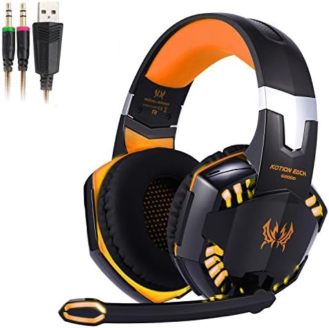 Stereo Gaming Headset for PC, Over Ear Stereo Bass Gaming Headphone with Mic, On-Cable Controls, Noise Cancelling, Sports-Performance Ear Pads, Light Weight G2000 (Orange)