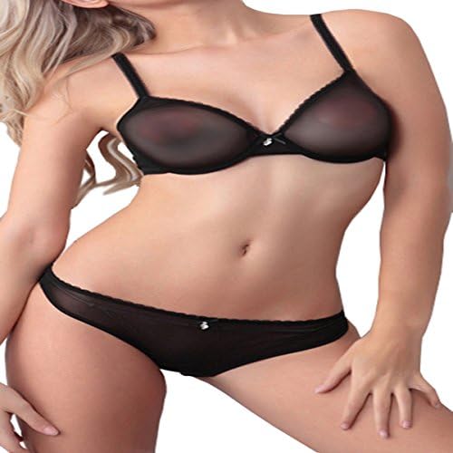 NSMJ Sexy Temptation Net Yarn Underwear Bra Set Ultra-thin Models Full Transparent Bra Perspective,Black-75D