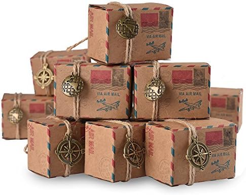 YS2016 MINI Vintage Stamp Inspired Airmail Wedding Candy Boxes Party Gift Favors Set of 100pcs 50 Pieces* Globe &amp; 50 Pieces* Compass