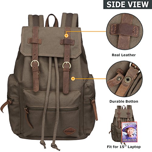 Fafada Rucksack Canvas Vintage Damen M  dchen Leder Retro Laptop backpack Schulrucksack Daypack f  r Campus Studenten und Outdoor Reisen Wandern Armee