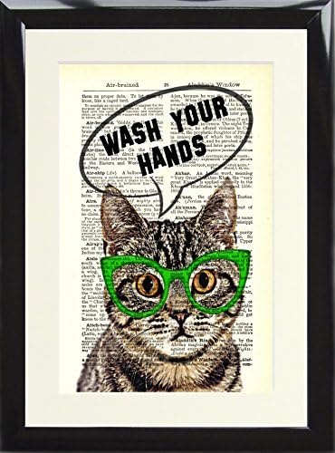 Framed Dictionary Art Print Cat with Glasses Wash your hands Bathroom Sign printed on a Vintage Book Page. Presented in a Black Wood Frame