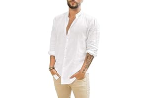 Cegerne Uomo Camicia in Lino di Cotone Manica Lunga Henley Shirt con Bottoni Casual in Tinta Unita Maglietta T-Shirt da Uomo per Spiaggia Hippie