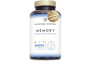 Nootropico Memoria, Concentración y Energía. 1140mg por Dosis de Ginkgo Biloba + Cafeina + Bacopa Monnieri. Pastillas concentracion estudiar con Vitamina B12 y B6. 60 Cápsulas. N2 Natural Nutrition
