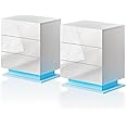 TUKAILAi Set of 2 Bedside Table with LED Light, 3 Drawers Bedside Cabinet White High Gloss Front Nightstand Cabinet for Bedroom Living Room