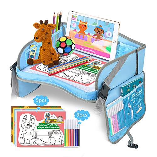 Multifun Kinder knietablett, Reisetisch, Auto Kindersitz Spieltisch, Multifunktional Autositz Spieltisch, Essentisch mit 1 Transparenter Zeichnungsfilm + 5 Zeichenpapier + 9 Farbstifte