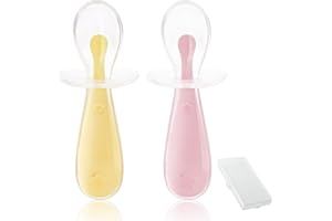 Vicloon Cucharas para Bebé, Vajilla Autónoma para Bebés,Cuchara de Silicona No Contiene BPA,Juego de Vajilla de Entrenamiento Fácil de Sostener(Rosa y Amarillo)