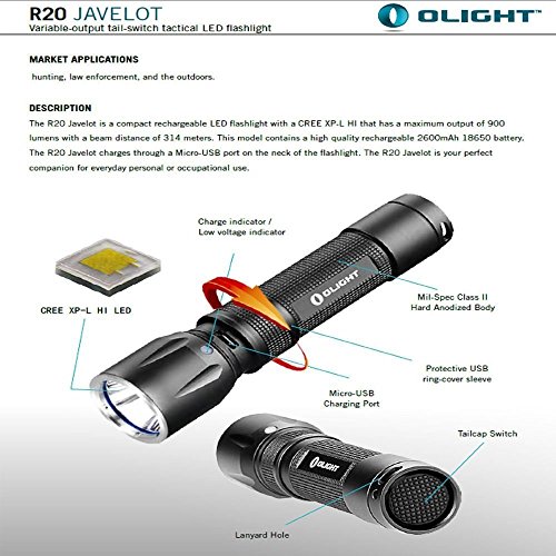 Olight® R20 Javelot aufladbare Taschenlampe 900 Lumen mit CREE XP-L Hi LED inkl.1 x wiederaufladbar 2600mAh 18650 Lithium Ion Akku, 1x USB Ladekabel und 1x Handschlaufe, Schwarz - 9