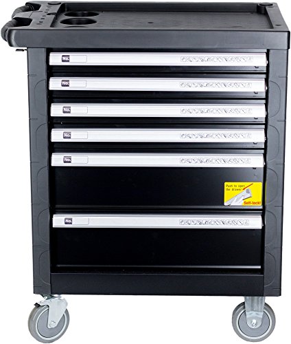 F-BD Black Red Edition | Werkzeugwagen * Werkstattwagen * 6 Schubladen / 4 gefüllt mit Werkzeug | Bit Sets, Ratschen, Nüsse und vieles mehr… - 6
