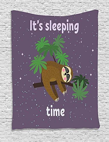 Sloth Tapestry, Cute Cartoon Character Sleeping on Branch Jungle Animal in Night Sky Kids Theme, Wall Hanging for Bedroom Living Room Dorm, 60 W X 80 L Inches, Plum Brown Green