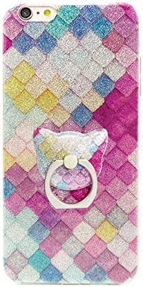 uiano® Stylish Transparent Bling Glitter Scales [Hard PC Inner Back] Silicone Soft TPU Case Cover For iPhone SE 5 5S [Shell + Cat Stand]