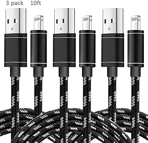 [3 PACK] Lightning Cable, J2CC 10 Ft Nylon Braided iPhone Charger Cord with Aluminum Alloy Connector for iPhone 7/7 Plus/6/6 Plus/6S Plus/5/5S/5C/SE iPad Mini 2 3 4 Air iPod (Black)