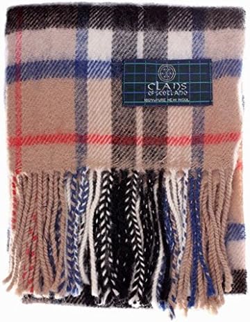 Clans of ScotlandUnisex 100% Scottish Wool Scarf Long Neck Shawl with Fringe - Thomson Camel Tartan - Beige - 55 x 12”