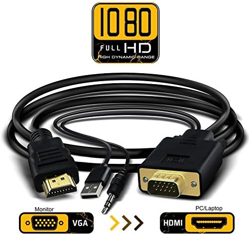 VGA to HDMI Adapter Cable, VGA Male to Male HDMI 1080P HD Audio TV AV HDTV Video Converter Cord with 3.5mm Audio and USB Power Supply Cable for DVD, PC, Computer, Laptop, Projector -1.8m/6ft
