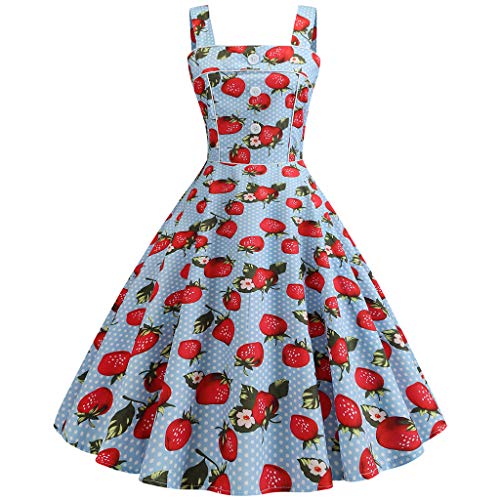 WUDUBE Robe Femme Vintage de Cocktail Dos Nu Robe imprimée des Fraises et des Cerises Élégant sans Manches Robe de Soirée