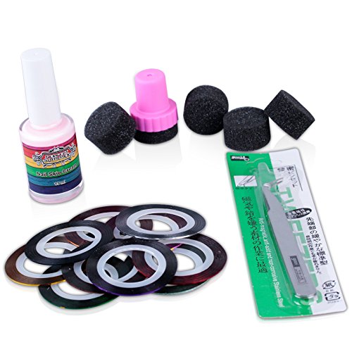 Perfect Summer Peel Off Liquid Base Coat Nail Skin Cream 15ml + 5PCS Nail Sponge Stamper + Stainless Steel Nipper Bent Tweezers + 10PCS Nail Strip Tape Nail Art Manicure DIY Tools
