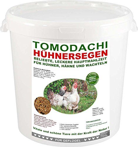 Hühnerfutter, Naturprodukt, hochwertiges Vollwertfutter für Geflügel, calziumreiche Komplettnahrung für alle Hühnerrassen, reich an Omega-3 Fettsäuren, natürlicher Immunschutz, Qualitäts Körnermischung für gesunde, glückliche Hühner, Tomodachi Hühnersegen 1kg Eimer - 4