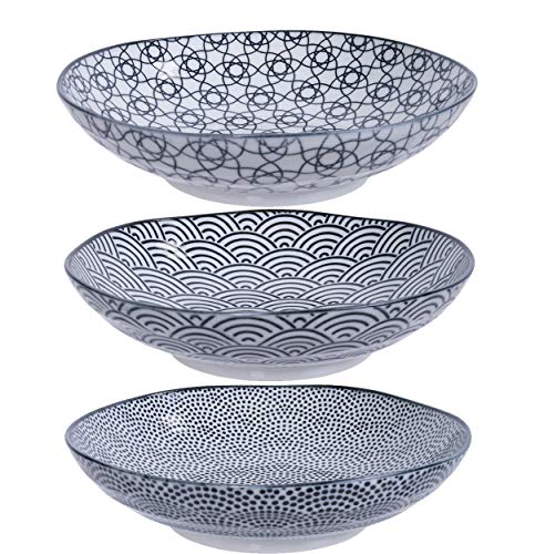 TOKYO design studio Nippon Black 3-er Pasta-Teller-Set schwarz-weiß, Ø 21 cm, ca. 5,3 cm hoch, asiatisches Porzellan, Japanisches Design mit geometrischen Mustern, auch als Suppen-Teller verwendbar