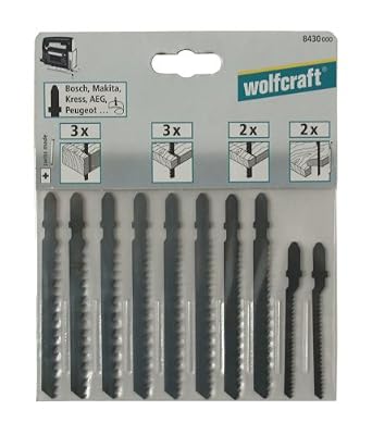 Wolfcraft - 8430000 - 10 Lames de Scie Sauteuse Queue En T : 2 X Coupes Courbes Nettes, Profondeur de Coupe : 15 Mm + 2 X Coupes Droites Nettes, Profondeur de Coupe : 15 Mm + 3 X Coupes Droites Grossières, Profondeur de Coupe 40 Mm + 3 X Coupes Droites T…