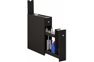 Taylor & Brown Slim Bathroom Floor Cabinet, Narrow & Compact Slimline Wooden Bathroom Organiser with Drawer & Slide Out Shelf, Freestanding Storage Unit, Black