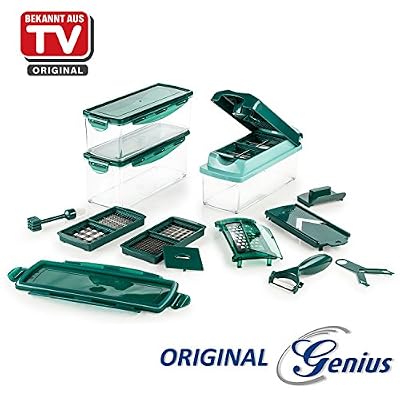 Genius Nicer Dicer Plus | Set De 18 Pièces | Vert Menthe | Mandoline | Trancheuse | Râpe | Dés | Bâtonnets | Neuf