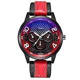 EUCoo MäNner Wasserdichte Uhr Mode GeschäFt Gradient Farbe Glas GüRtel Quarz Drei-Augen-Uhr Mechanische Uhr(rot)