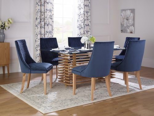 Holborn Tempered Glass Fixed Pedestal Oak Base Table &amp; 4 Charlton Lavender Quilted Velvet Fabric Chair with Oak Legs - Dining Room Sets Ideal for Modern Kitchens &amp; Dining Rooms