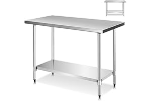 GiantexUK Stainless Steel Catering Table, 48x30Inch/48x24Inch/36x24Inch Commercial Work Table with Adjustable Shelf & Non-slip Footpads, Heavy Duty Food Prep Workbench for Kitchen Garage (122x61x90cm)