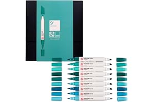 Talens | Pantone Marqueurs Set de 9 Blue Green | Stylo à Deux Pointes | Pointes Pinceau et Biseau | Encre Pigmentées à Base d'Eau en 108 Couleurs Pantone