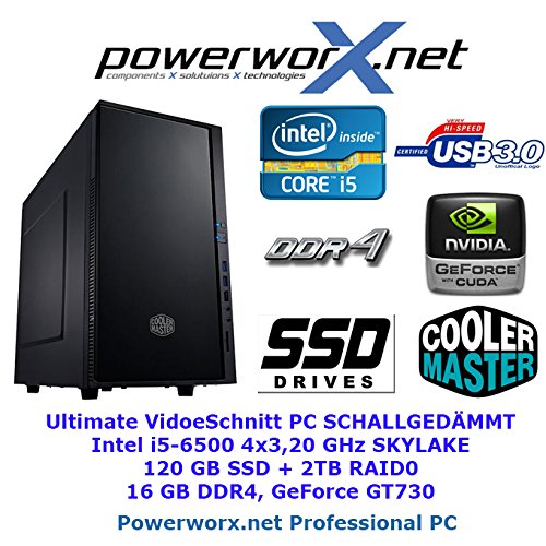 Videoschnitt PC i5-6500 16GB SCHALLGEDÄMMT Computer Video Bearbeitung Rechner 4x 3.2GHz | 120GB SSD | 2TB RAID0 | 16GB DDR4 | SKYLAKE