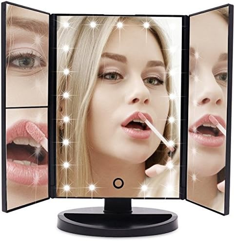 Vanity Mirror EmaxDesign 21 LED lighted Makeup Mirror With Magnification Trifold Touch Screen, USB Charging 180°Free Rotation Table Countertop Cosmetic Mirror (BLACK)