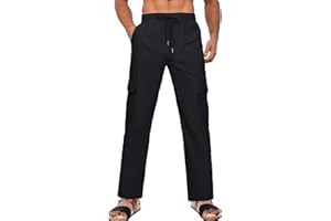 HOTIAN Pantalon long d'été en lin pour homme - Pantalon cargo en coton - Pantalon de loisirs - Taille élastique - Pantalon d'été - Pantalon de plage avec cordon de serrage