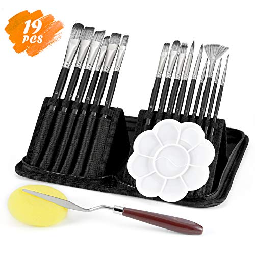 ATMOKO 19 Stück Künstlerpinsel Set, Malen Pinselset mit Mischpalette, Schwamm, Spachtel und Tragetasche, perfekt für Acryl, Öl, Aquarell, Geschenk für Kinder und Erwachsene