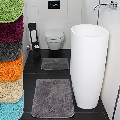 proheim Badematte 2-teiliges Set 50 x 80 und 45 x 50 cm rutschfester Badvorleger Premium Badteppich 1200 g/m² weich & kuschelig Hochflor Duschvorleger, Farbe:Grau - 6
