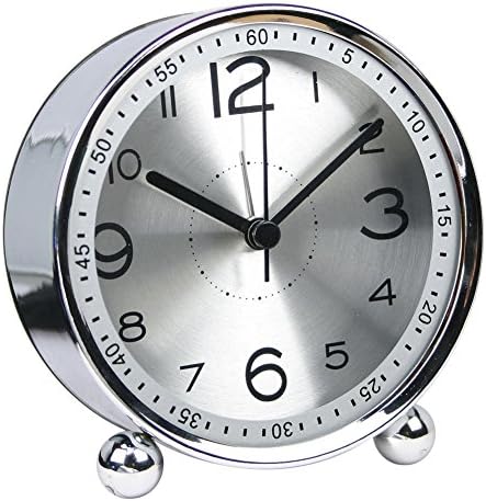 Desk Clock, 4" Silent Non Ticking Metal Battery Operated Round Quiet Home/School Alarm Clock (Silver)