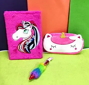 KIDOS JOY Funky Unicorn Soft Plush Combo for Unicorn Lovers/ Unicorn Led Soft Furr Diary , 6in 1 Fur Pen , Unicorn Soft Pouch / Birthday Gift Special for Girls and Boys ( Combo of 3 Pcs)