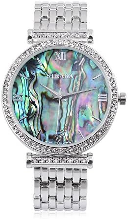 STRADA Japanese Movement Abalone Shell Dial with White Austrian Crystal Water Resistant Watch in Silver Tone with Stainless Steel Back and Chain Strap