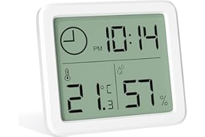 Gvolatee mini Termometro Digital Casa Interior, Higrómetro de Pantalla Grande Portátil Profesional con Reloj,Sensor Temperatura Humedad para el Hogar, Medidor Humedad Blanco Preciso, la Oficina