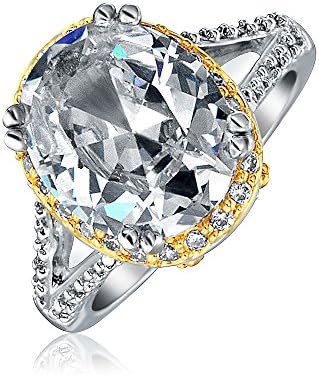 Bling Jewelry 5ct Oval Shaped CZ Two Tone Vintage Style Engagement Ring Rhodium Plated Brass